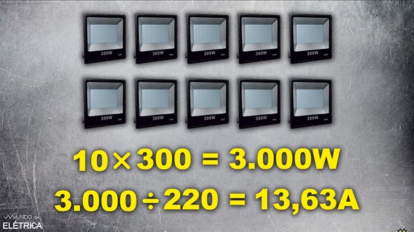 Com 10 refletores de 300W, o total de potência do circuito 3.000W dividido por 220V, e podemos ver que a corrente elétrica do circuito é de aproximadamente 13,63A.